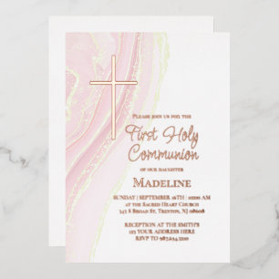 Invitation En Aluminium premier communion à l'aquarelle rose pastel