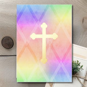 Invitation En Aluminium Première communion aquarelle Croix arc-en-ciel