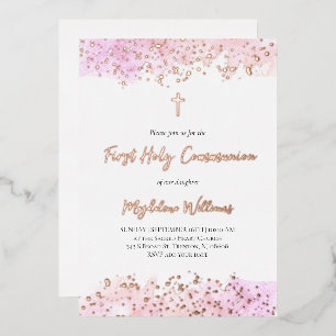 Invitation En Aluminium première communion aquarelle rose