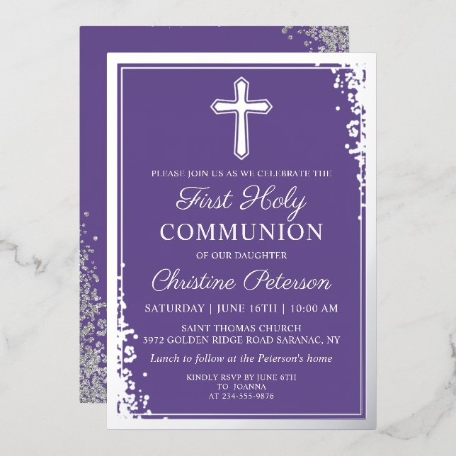 Invitation En Aluminium Première communion argent lavande violet véritable (Recto/Verso)