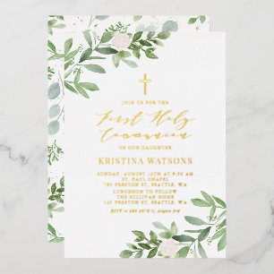 Invitation En Aluminium Première communion avec verdure et fleurs blanches