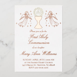 Invitation En Aluminium Première communion fille catholique anges or rose