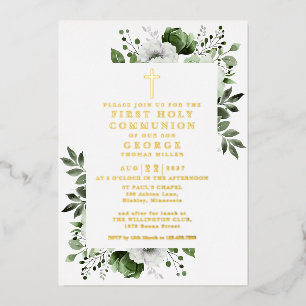 Invitation En Aluminium Première communion florale boho verte en or