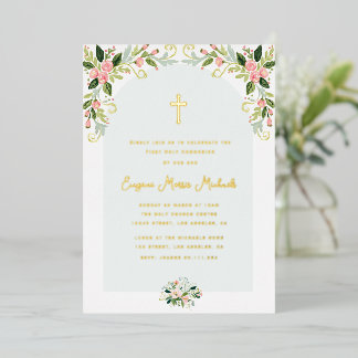 Invitation En Aluminium Première communion texte floral or moderne