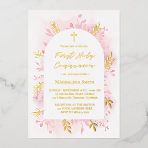 Invitation En Aluminium Première Sainte Communion aquarelle rose