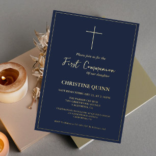 Invitation En Aluminium Première Sainte Communion Bleue Marine Élégante et