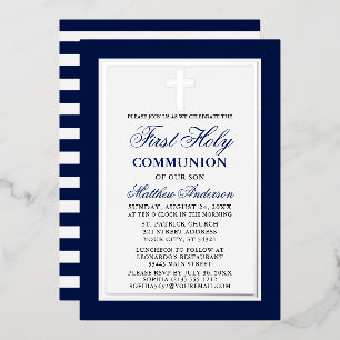 Invitation En Aluminium Première Sainte Communion Bleue Stripes Croix Arge