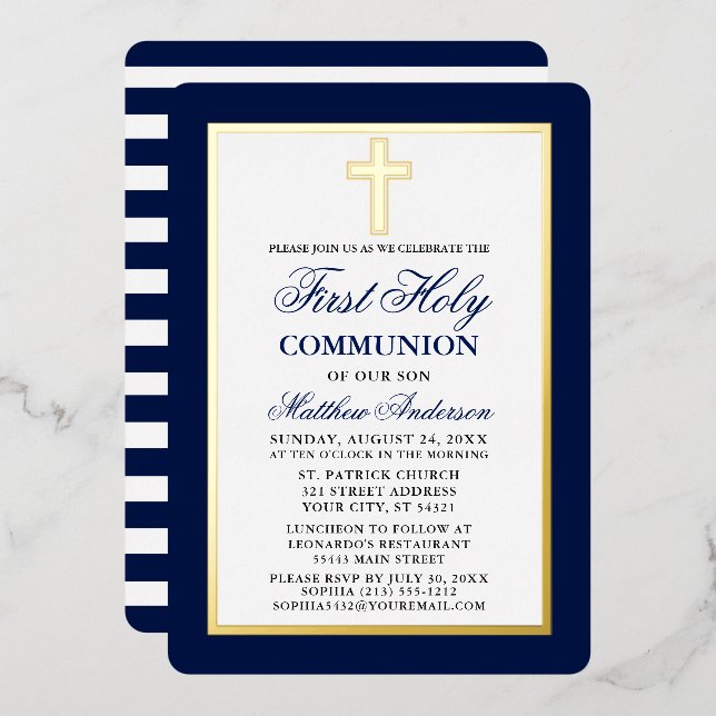Invitation En Aluminium Première Sainte Communion Croix Bleu Stripes Gold  (Recto/Verso)