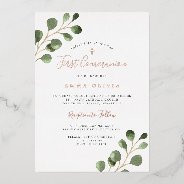 Invitation En Aluminium Première Sainte Communion eucalyptus élégant rose  (Recto)