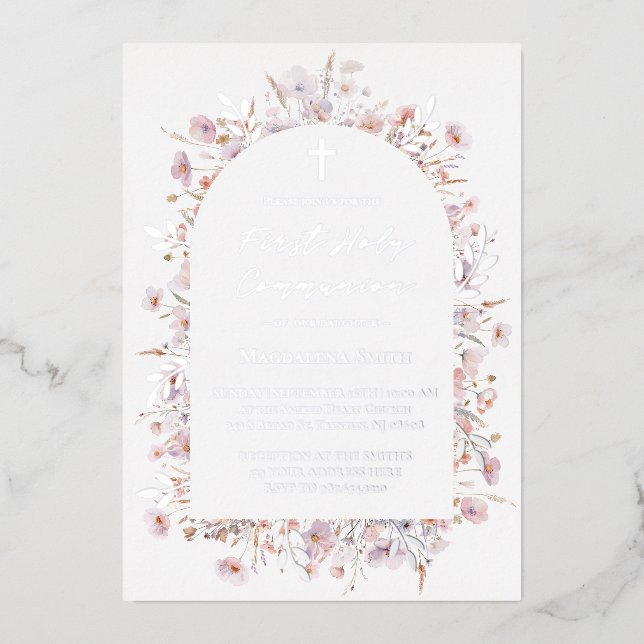 Invitation En Aluminium Première Sainte Communion fleurs sauvages argent (Recto)