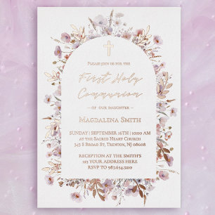 Invitation En Aluminium Première Sainte Communion fleurs sauvages argent