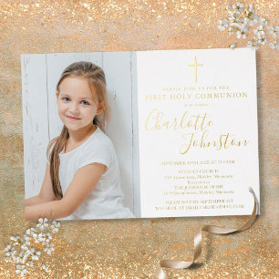 Invitation En Aluminium Première Sainte Communion Golden Script Photo