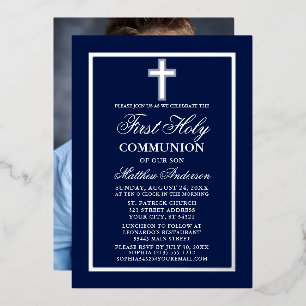 Invitation En Aluminium Première Sainte Communion Photo Croix Marine Argen