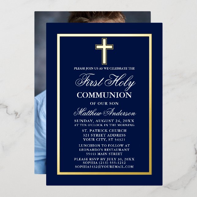 Invitation En Aluminium Première Sainte Communion Photo Croix Marine Blue  (Recto/Verso)