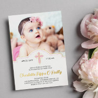 Pretty Pink Cross Script Photo Girl Baptism Foil