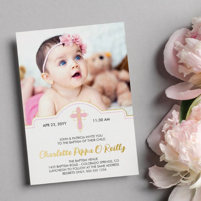 Invitation En Aluminium Pretty Pink Cross Script Photo Girl Baptism Foil (Créateur téléchargé)