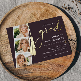 Invitation En Aluminium Prune Gold Tassel Photo Strip Graduation Party