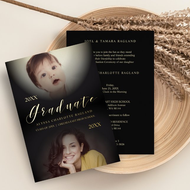Invitation En Aluminium Puis et maintenant Moderne 2 Photos Graduation (Créateur téléchargé)