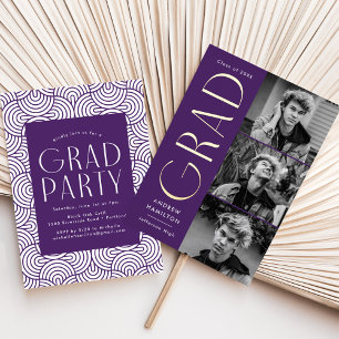 Invitation En Aluminium Purple and Gold Foil 3 Photo Graduation Party
