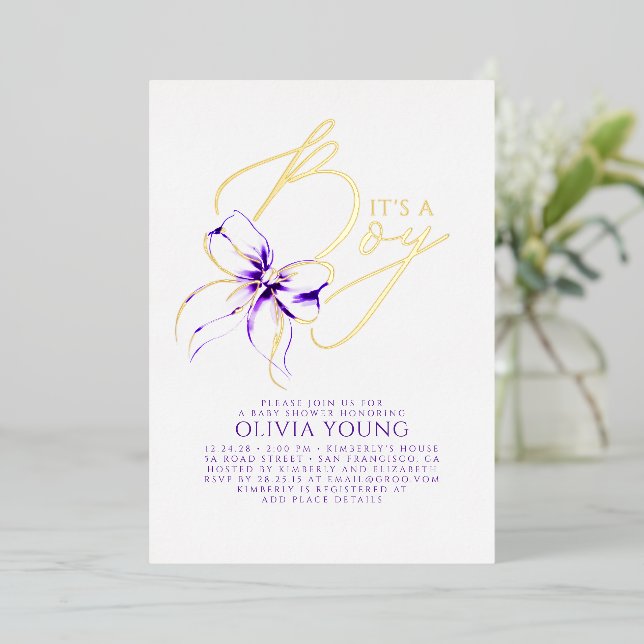 Invitation En Aluminium Purple Bow Elegant Modern Boy Baby Shower (Debout devant)