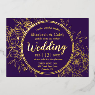 Invitation En Aluminium Purple & Gold Peony Modern Toile Mariage