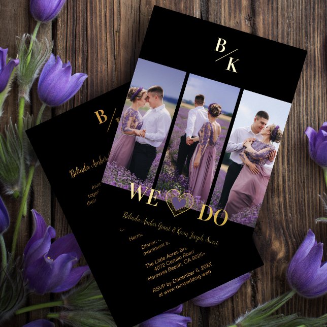 Invitation En Aluminium Purple & Gold Stylish Lace Vertical 3 Multi Photos (Stylish Wedding Invitation: Vertical Collage of 3 Photos and Modern Heart in Purple.)