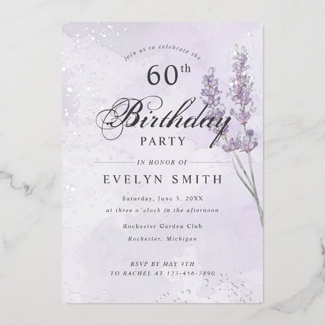 Invitation En Aluminium Purple lavande 60e anniversaire fête argent (Recto)