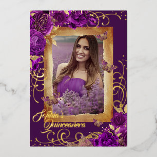 Invitation En Aluminium Purple Quinceanera Photo Rose Papillon Or