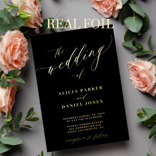 Invitation En Aluminium QR code moderne élégant or noir mariage