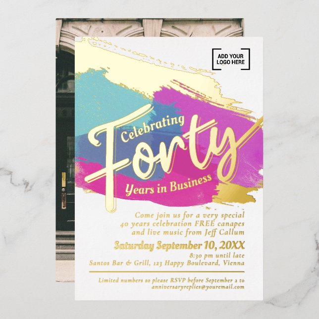 Invitation En Aluminium Quarante ans d'affaires anniversaire or art (Recto/Verso)