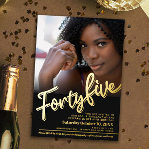 Invitation En Aluminium Quarante-cinq 45e Anniversaire or noir script phot