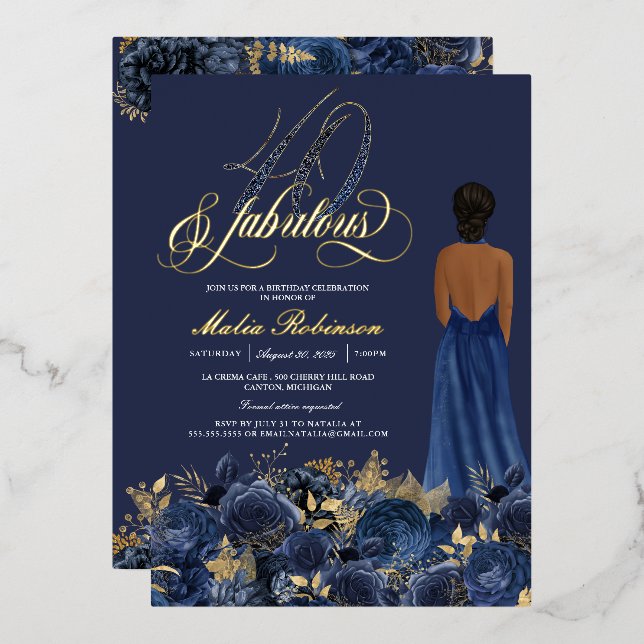 Invitation En Aluminium Quarante et fabuleux Elegant Bleu & Or Anniversair (Recto/Verso)