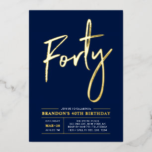 Invitation En Aluminium Quarante   Modern Gold Navy 40e fête d'anniversair