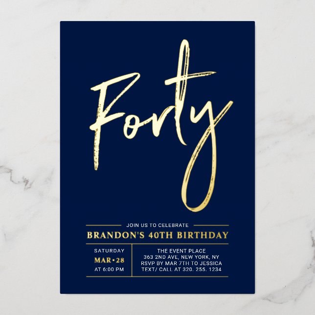 Invitation En Aluminium Quarante | Modern Gold Navy 40e fête d'anniversair (Recto)