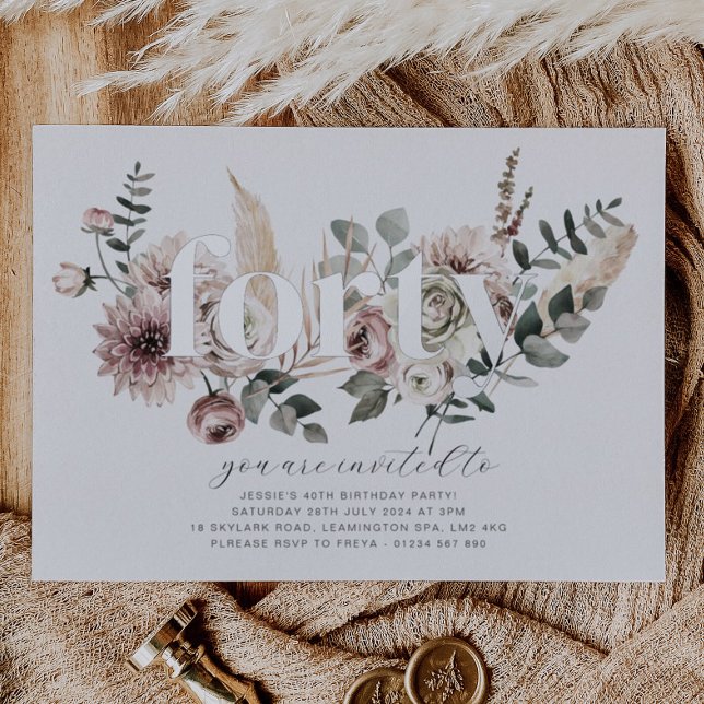 Invitation En Aluminium Quarantièmes Florales - 40e Anniversaire - Argent (Créateur téléchargé)