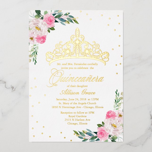 Invitation En Aluminium Quinceanera à fleurs roses chaudes (Recto)