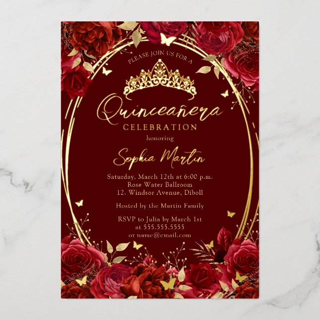 Invitation En Aluminium Quinceanera à papillon floral captivant l'or rouge (Recto)