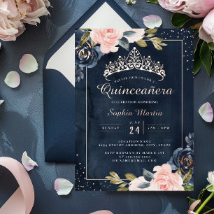 Invitation En Aluminium Quinceanera aquarelle rose gold Navy