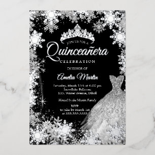 Invitation En Aluminium Quinceañera Argent Noir Flocon de Neige d'Hiver