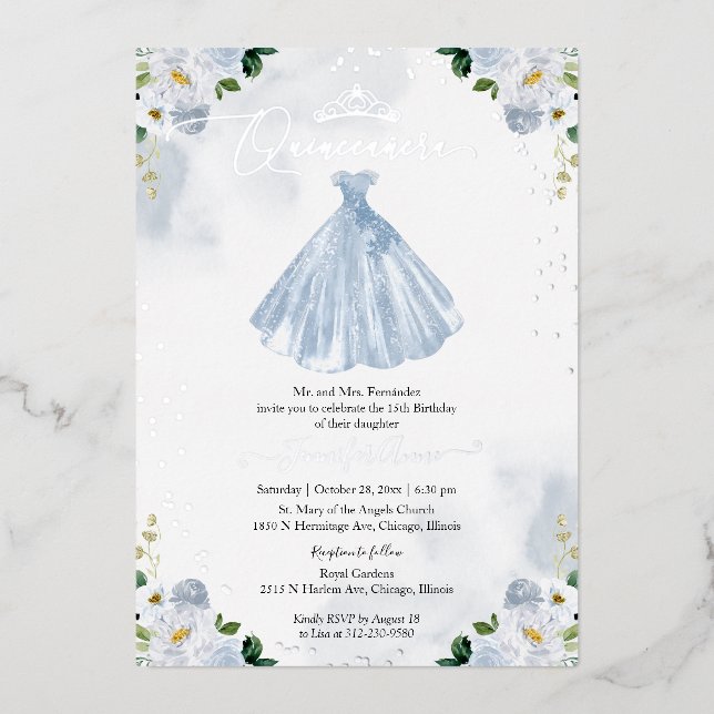 Invitation En Aluminium Quinceanera bleu pâle (Recto)