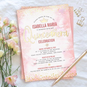 Invitation En Aluminium Quinceañera Blush Pink Aquarelle Couronne Véritabl
