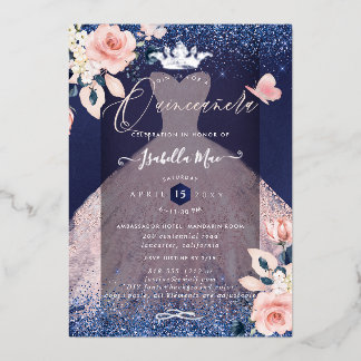 Invitation En Aluminium Quinceanera Blush Roses Silver Foil Crown Navy