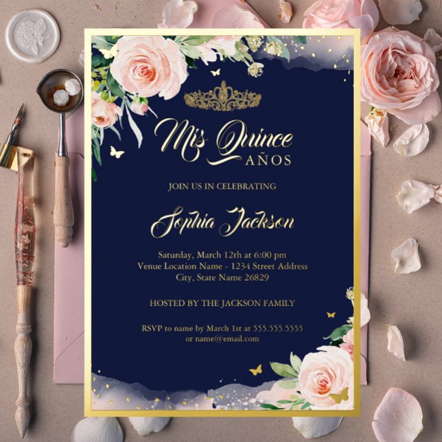 Invitation En Aluminium Quinceanera de la Marine rose Florale (Créateur téléchargé)