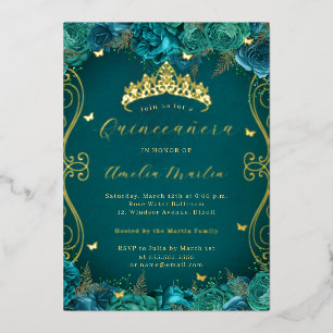 Invitation En Aluminium Quinceanera Défilement Floral Sarcelle Or