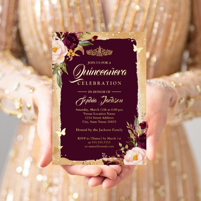 Invitation En Aluminium Quinceanera d'or Bourgogne Flore Éperche Tiara (Créateur téléchargé)