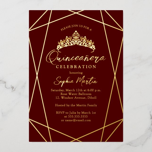 Invitation En Aluminium Quinceanera d'or de Bourgogne géométrique moderne (Recto)
