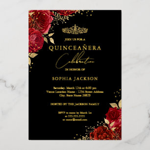 Invitation En Aluminium Quinceanera d'or Floral Tiara rouge