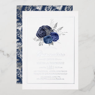 Invitation En Aluminium Quinceañera Fleurie Bleu Marine et Argent