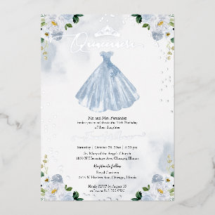 Invitation En Aluminium Quinceanera Fleurie Bleu Poussiéreux