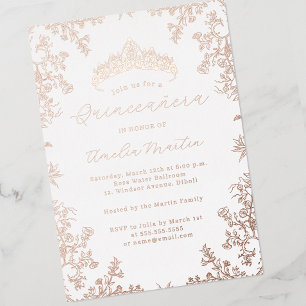 Invitation En Aluminium Quinceanera Fleurie Vintage Rose Or Blanc